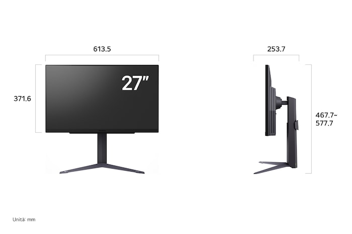 Monitor Gaming LG UltraGear 27GR93U-B disegno tecnico: dimensioni del display 27" (L 613,5 mm, A 371,6 mm) e altezza regolabile (da 467,7 mm a 577,7 mm).