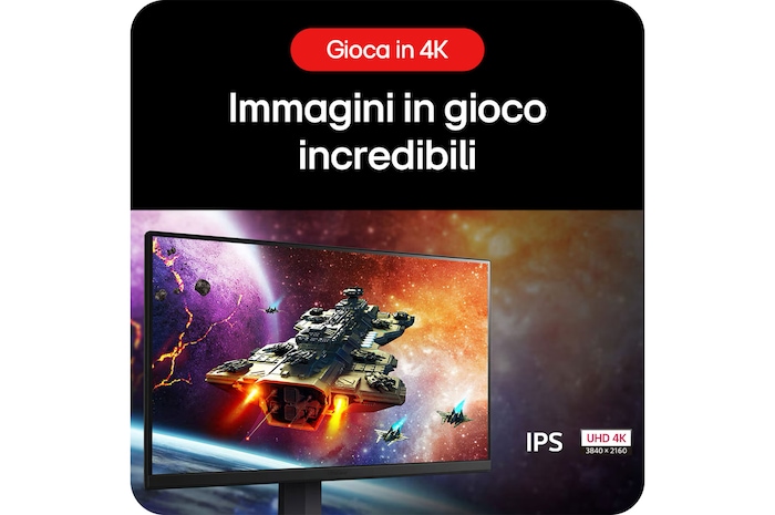 Monitor LG UltraGear 27GR93U-B mostra immagini di gioco incredibili: risoluzione UHD 4K (3840x2160) su pannello IPS per una grafica dettagliata.