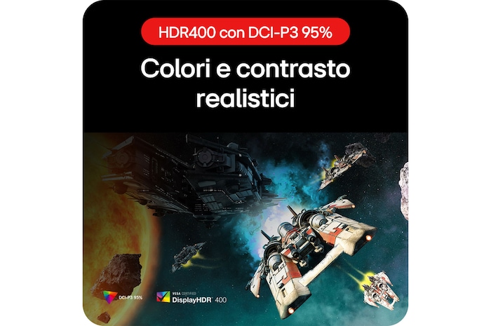 Monitor LG UltraGear 27GR93U-B mostra colori realistici: VESA DisplayHDR 400 con DCI-P3 95% per un contrasto e una grafica di gioco fedeli.
