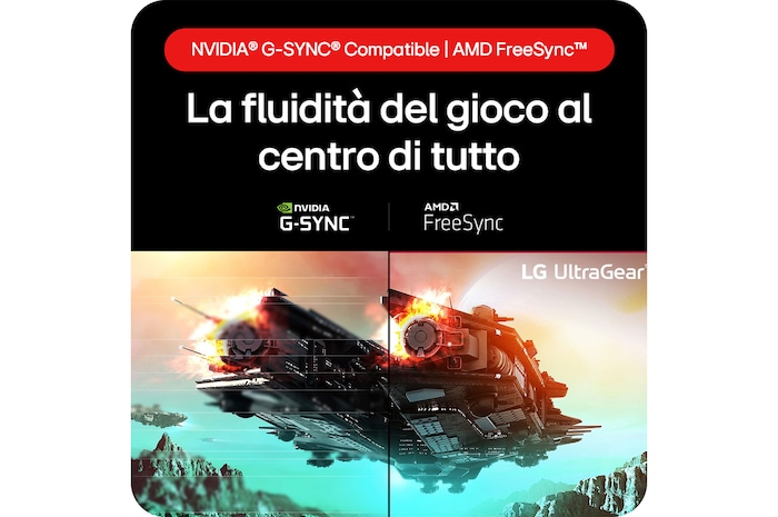 Monitor LG UltraGear 27GR93U-B mostra fluidità di gioco: compatibile con NVIDIA G-SYNC e AMD FreeSync Premium per un gameplay senza interruzioni.