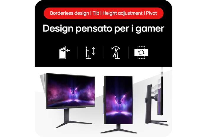Monitor LG UltraGear 27GR93U-B mostra un design pensato per i gamer: display senza bordi, con funzioni Tilt, regolazione altezza e Pivot.