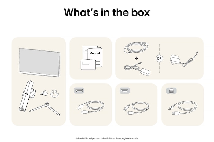 Monitor Gaming LG UltraGear 27GR93U-B che mostra una panoramica di tutti i componenti inclusi, tra cui corpo monitor, parti del supporto, manuale e cavi HDMI, DP e USB.