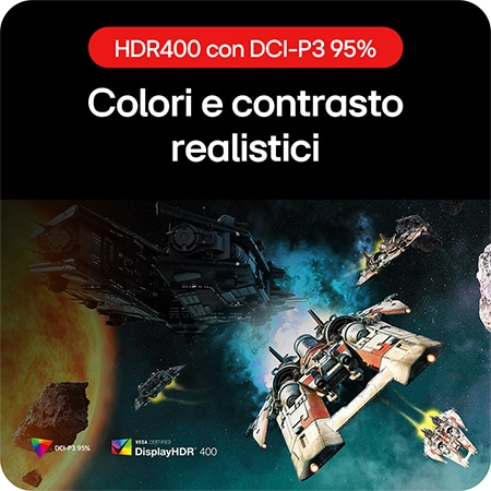 Monitor LG UltraGear 27GR93U-B mostra colori realistici: VESA DisplayHDR 400 con DCI-P3 95% per un contrasto e una grafica di gioco fedeli.