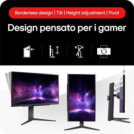 Monitor LG UltraGear 27GR93U-B mostra un design pensato per i gamer: display senza bordi, con funzioni Tilt, regolazione altezza e Pivot.