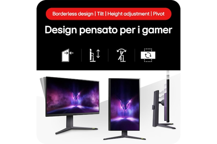 Monitor LG UltraGear 32GR93U-Bmostra un design pensato per i gamer: display senza bordi, con funzioni Tilt, regolazione altezza e Pivot.
