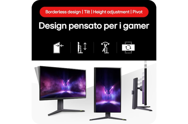 Monitor LG UltraGear 32GR93U-Bmostra un design pensato per i gamer: display senza bordi, con funzioni Tilt, regolazione altezza e Pivot.