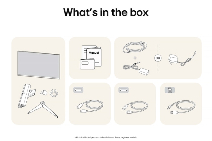 Monitor Gaming LG UltraGear 32GR93U-Bche mostra una panoramica di tutti i componenti inclusi, tra cui corpo monitor, parti del supporto, manuale e cavi HDMI, DP e USB.