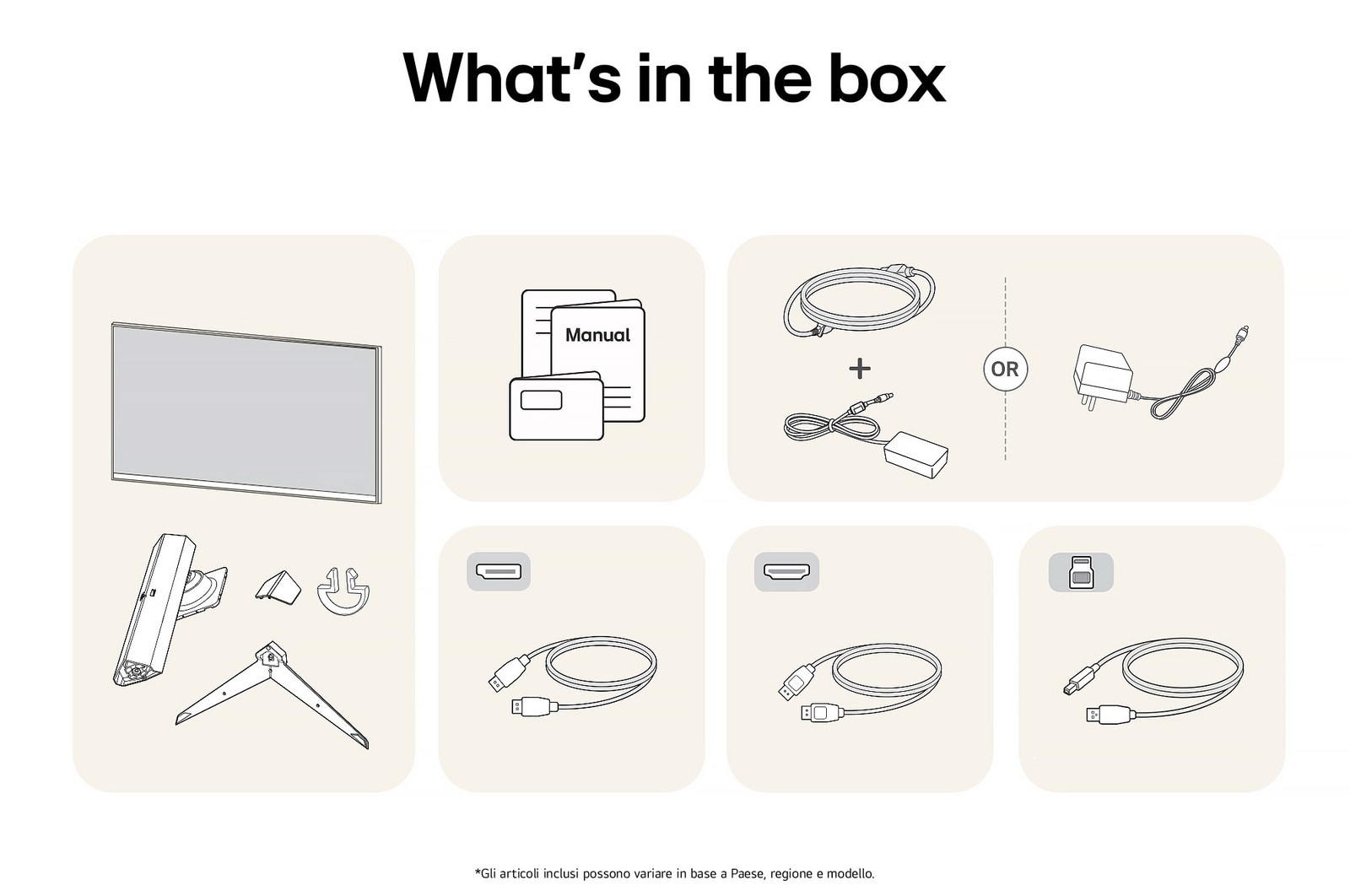 Monitor Gaming LG UltraGear 32GR93U-Bche mostra una panoramica di tutti i componenti inclusi, tra cui corpo monitor, parti del supporto, manuale e cavi HDMI, DP e USB.