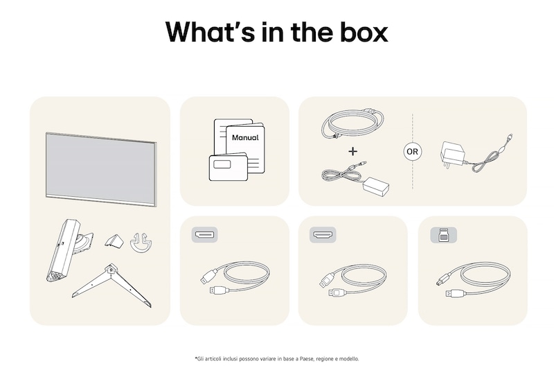 Monitor Gaming LG UltraGear 32GR93U-Bche mostra una panoramica di tutti i componenti inclusi, tra cui corpo monitor, parti del supporto, manuale e cavi HDMI, DP e USB.