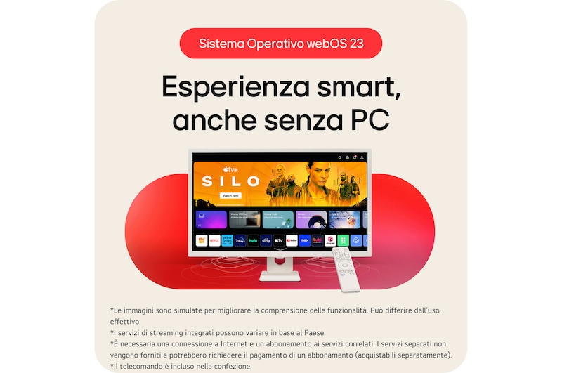 Smart Monitor LG 32SR50F con finitura bianca e piattaforma smart webOS 23, che consente l'accesso ad app di streaming e contenuti personalizzati tramite telecomando.