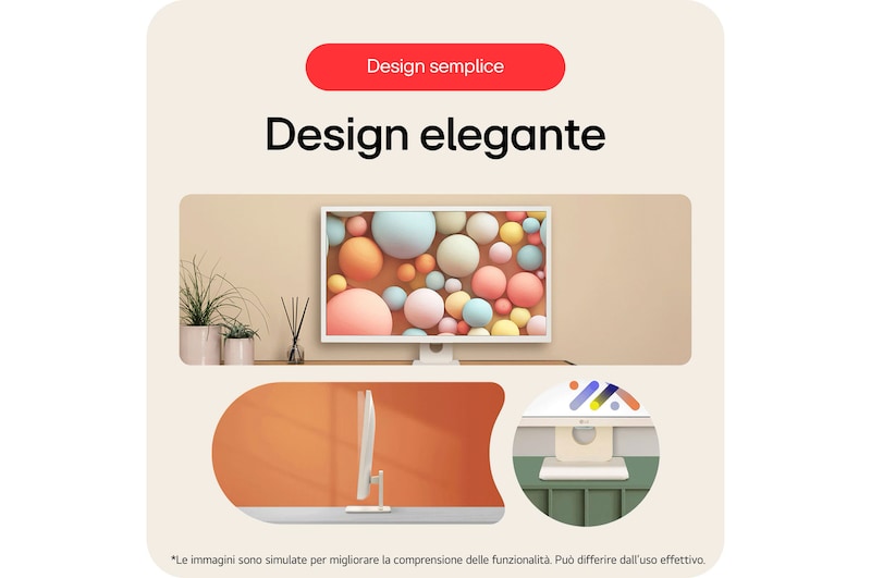 Smart Monitor LG 32SR50F con finitura bianca, che mostra il suo design salvaspazio con cornice sottile su 3 lati e una base d'appoggio quadrata e pulita.