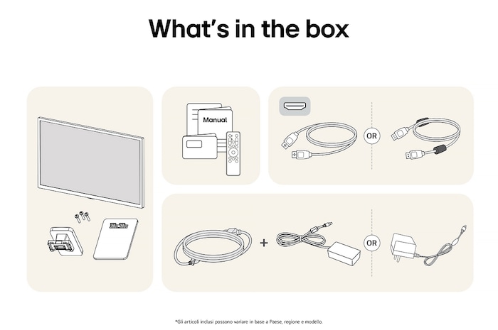 Smart Monitor LG 32SR50F con finitura bianca che mostra una panoramica di tutti i componenti inclusi, tra cui corpo monitor, supporto, manuale, telecomando e cavo HDMI.