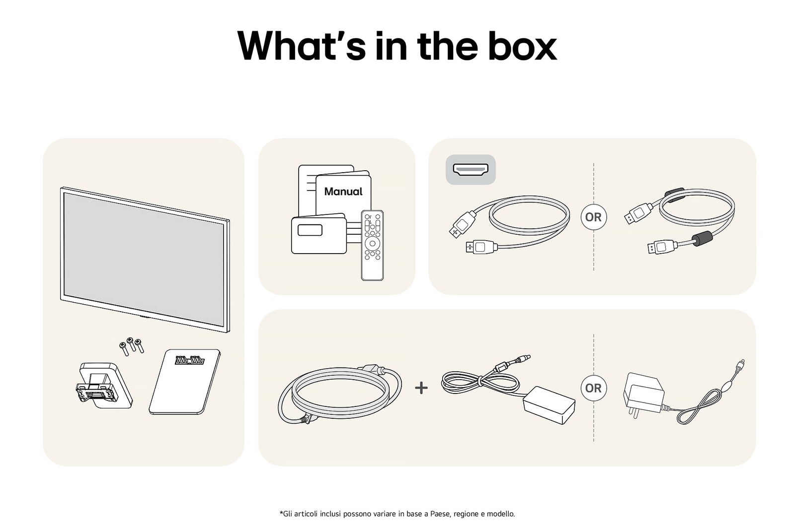 Smart Monitor LG 32SR50F con finitura bianca che mostra una panoramica di tutti i componenti inclusi, tra cui corpo monitor, supporto, manuale, telecomando e cavo HDMI.