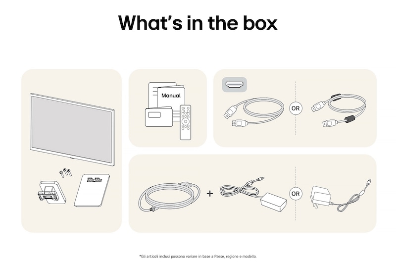 Smart Monitor LG 32SR50F con finitura bianca che mostra una panoramica di tutti i componenti inclusi, tra cui corpo monitor, supporto, manuale, telecomando e cavo HDMI.