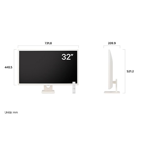 Smart Monitor LG 32SR50F con finitura bianca che mostra le dimensioni, misurando 731,8 mm di larghezza, 440,5 mm di altezza display, 521,2 mm di altezza totale e 209,9 mm di profondità.