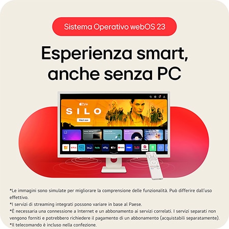 Smart Monitor LG 32SR50F con finitura bianca e piattaforma smart webOS 23, che consente l'accesso ad app di streaming e contenuti personalizzati tramite telecomando.