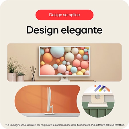 Smart Monitor LG 32SR50F con finitura bianca, che mostra il suo design salvaspazio con cornice sottile su 3 lati e una base d'appoggio quadrata e pulita.