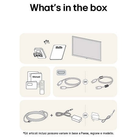 Smart Monitor LG 32SR50F con finitura bianca che mostra una panoramica di tutti i componenti inclusi, tra cui corpo monitor, supporto, manuale, telecomando e cavo HDMI.