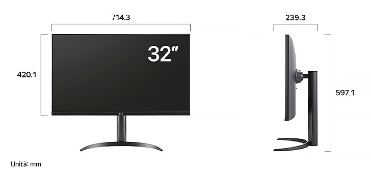 Monitor LG 32UR550K che mostra le dimensioni, misurando 714,3 mm di larghezza, 420,1 mm di altezza display, 597,1 mm di altezza totale e 239,3 mm di profondità.