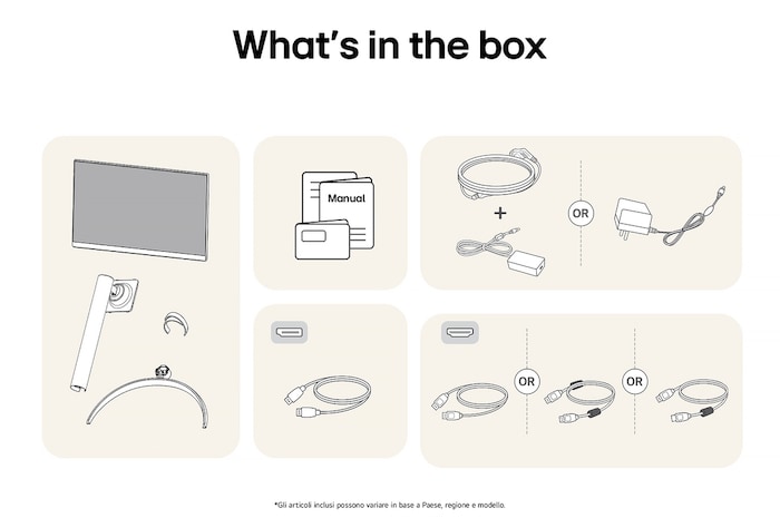 Monitor LG 32UR550K che mostra una panoramica di tutti i componenti inclusi, tra cui corpo monitor, supporto, manuale e cavi HDMI e DP.
