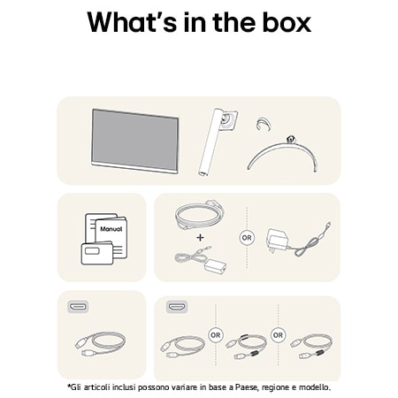 Monitor LG 32UR550K che mostra una panoramica di tutti i componenti inclusi, tra cui corpo monitor, supporto, manuale e cavi HDMI e DP.