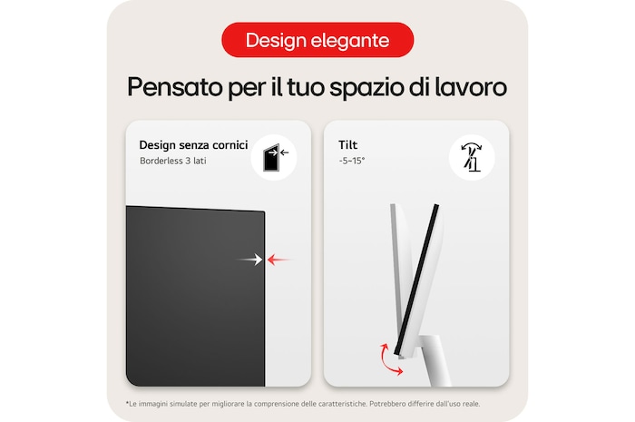 Monitor LG 27US500 con design senza bordi su 3 lati e funzione di inclinazione ergonomica (da −5∘ a 15∘), offrendo un'esperienza visiva facile e comoda.