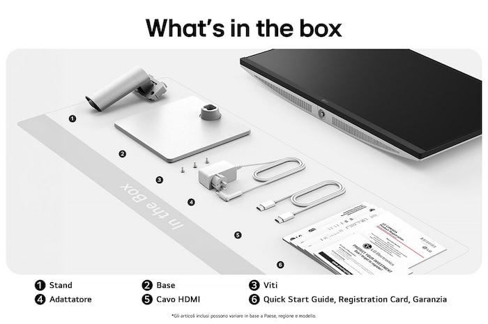 Monitor LG 27US500 che mostra una panoramica di tutti i componenti inclusi, tra cui corpo monitor, supporto, manuale, cavo HDMI e adattatore di alimentazione.