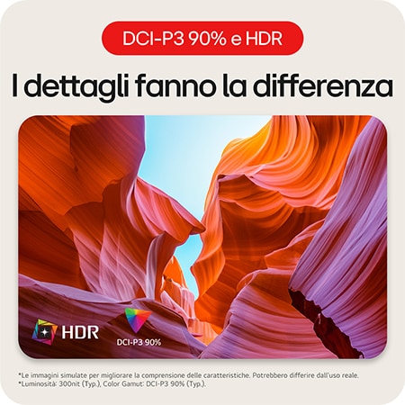 Monitor LG 27US500 con supporto HDR10 e DCI-P3 90%, che mostra colori incredibili e vivaci con 300 nit di luminosità.