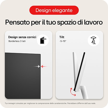 Monitor LG 27US500 con design senza bordi su 3 lati e funzione di inclinazione ergonomica (da −5∘ a 15∘), offrendo un'esperienza visiva facile e comoda. 