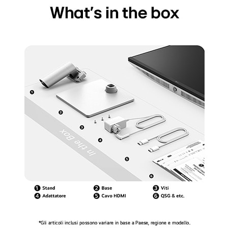 Monitor LG 27US500 che mostra una panoramica di tutti i componenti inclusi, tra cui corpo monitor, supporto, manuale, cavo HDMI e adattatore di alimentazione.