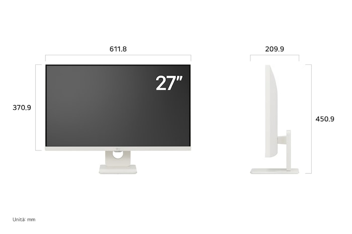 Monitor LG 27U511SA con finitura bianca che mostra le dimensioni, misurando 611,8 mm di larghezza, 370,9 mm di altezza display, 450,9 mm di altezza totale e 209,9 mm di profondità.