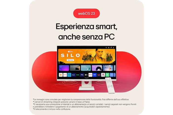 Smart Monitor LG 27U511SA-W con interfaccia webOS 23 New Home, che offre accesso personalizzato a servizi di streaming e scoperte smart, controllato dal telecomando incluso.