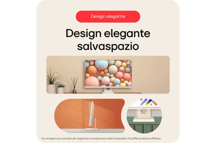 Smart Monitor LG 27U511SA-W dal design semplice, con un design elegante e salvaspazio dal profilo sottile e bianco, ideale per gli spazi di lavoro moderni.