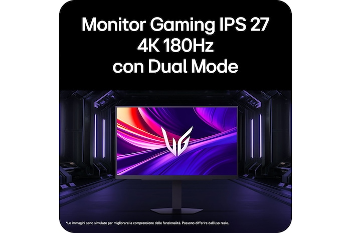 Monitor Gaming LG UltraGear™ 27G810A in ambiente da gioco, enfatizza la risoluzione 4K da 27 pollici, la frequenza di aggiornamento di 180Hz e il Monitor Gaming IPS con funzione Dual-Mode.