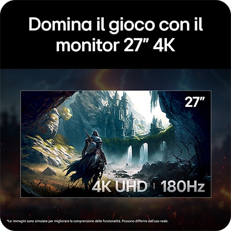 Monitor Gaming LG UltraGear™ 27G810A che mostra una scena di gioco epica, enfatizzando la dimensione ideale di 27 pollici combinata con risoluzione 4K UHD e frequenza di 180Hz.