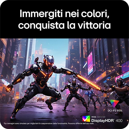 Monitor Gaming LG UltraGear™ 27G810A mostra colori vivaci in una simulazione di combattimento, enfatizzando la copertura cromatica DCI-P3 95% e il supporto VESA DisplayHDR™ 400.
