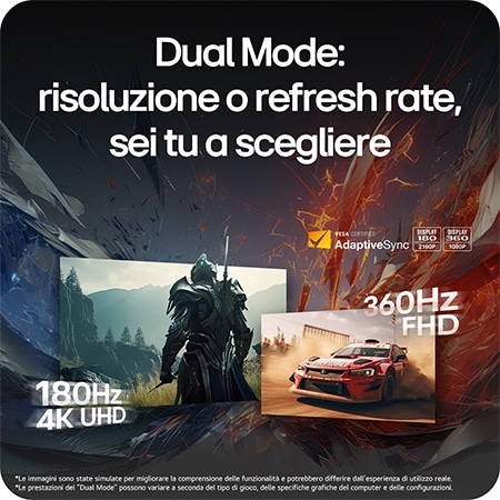 Monitor Gaming LG UltraGear™ 27G810A che mostra il Dual-Mode con opzioni selezionabili tra 180Hz 4K UHD e 360Hz FHD, supportato da AdaptiveSync.