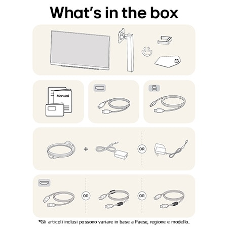 Contenuto della confezione del Monitor Gaming LG UltraGear™ 27G810A: pannello, supporto e base, manuale, cavo USB upstream, cavi HDMI™/DisplayPort e adattatore di alimentazione.