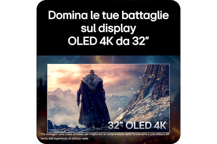 Monitor Gaming LG UltraGear™ 32GX850A mostra una scena di battaglia epica, enfatizzando l'immersivo display OLED 4K da 32 pollici per un gameplay dominante.