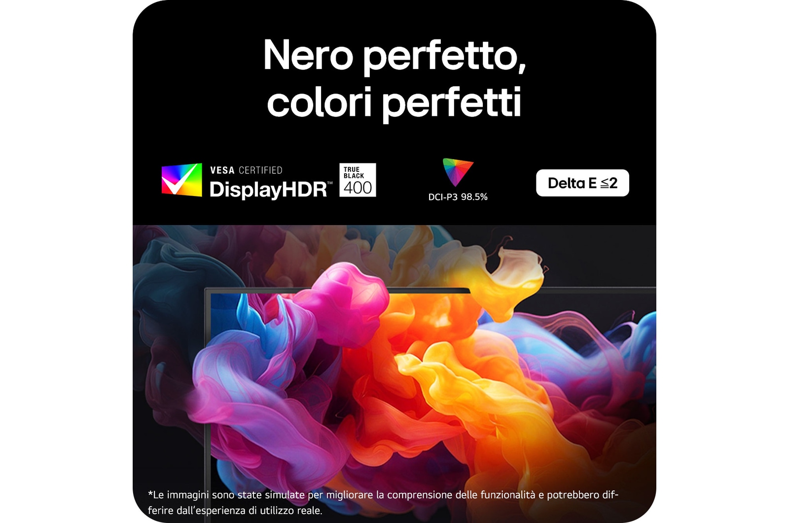 Monitor Gaming LG UltraGear™ 32GX850A mostra vivaci nuvole di colore, enfatizzando VESA DisplayHDR™ True Black 400, DCI-P3 98,5% e accuratezza del colore Delta E minore o uguale a 2.