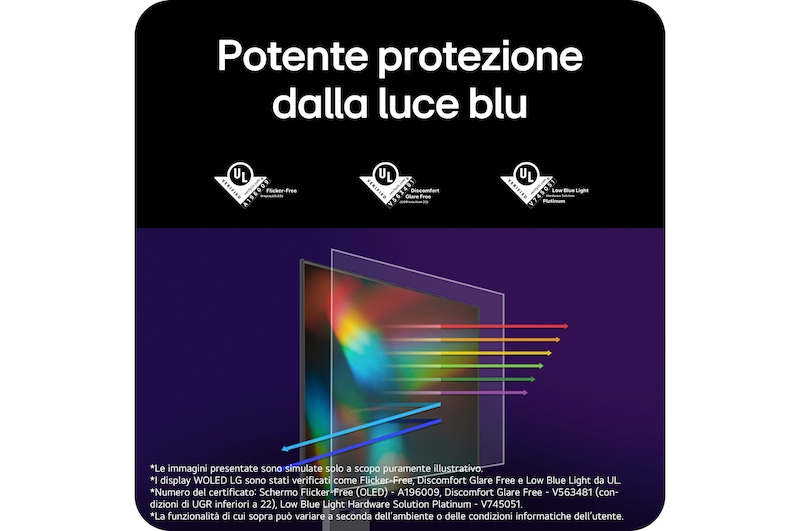 Monitor Gaming LG UltraGear™ 32GX850A che dimostra la protezione dalla luce blu, evidenziando le certificazioni UL Flicker-Free e Low Blue Light Platinum per la cura degli occhi.