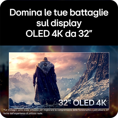 Monitor Gaming LG UltraGear™ 32GX850A mostra una scena di battaglia epica, enfatizzando l'immersivo display OLED 4K da 32 pollici per un gameplay dominante.