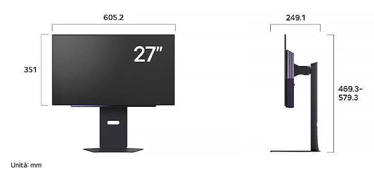 Monitor Gaming LG UltraGear™ 27GX700A che mostra le dimensioni, misurando 605,2 mm di larghezza, 351 mm di altezza display, 469,3–579,3 mm di altezza totale e 249,1 mm di profondità.