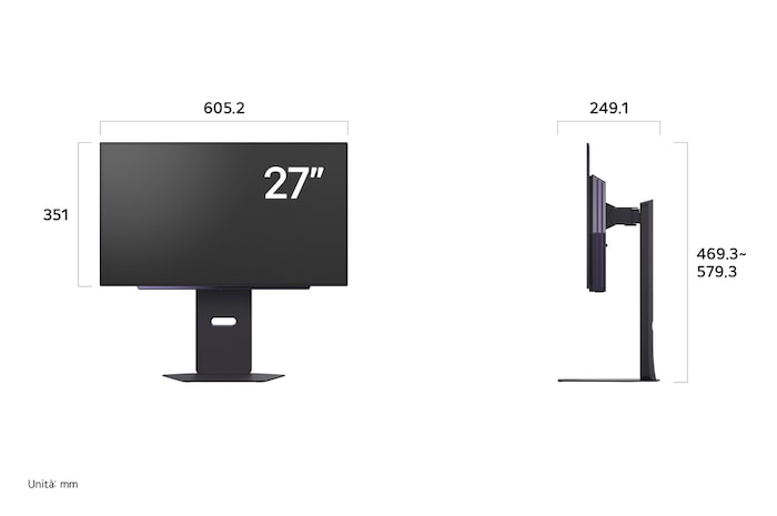 Monitor Gaming LG UltraGear™ 27GX700A che mostra le dimensioni, misurando 605,2 mm di larghezza, 351 mm di altezza display, 469,3–579,3 mm di altezza totale e 249,1 mm di profondità.