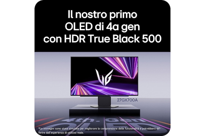 Monitor Gaming LG UltraGear™ 27GX700A in ambiente da gioco, enfatizza il pannello OLED di 4a generazione e il supporto HDR True Black 500 per neri profondi.