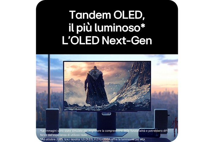 Monitor Gaming LG UltraGear™ 27GX700A mostra una scena di gioco luminosa, enfatizzando il pannello Tandem OLED per maggiore luminosità e la tecnologia OLED Next-Gen.