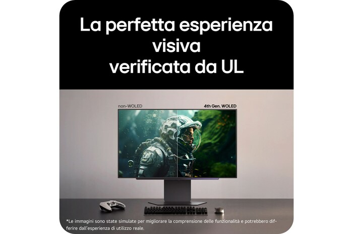 Monitor Gaming LG UltraGear™ 27GX700A mostra un confronto visivo tra Non-WOLED e WOLED di 4a generazione, enfatizzando la perfetta esperienza visiva verificata da UL.