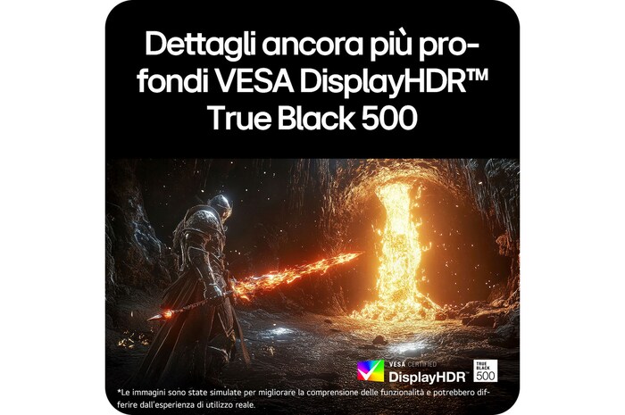 Monitor Gaming LG UltraGear™ 27GX700A mostra una scena di gioco scura con luci intense, enfatizzando i dettagli profondi abilitati da VESA DisplayHDR™ True Black 500.