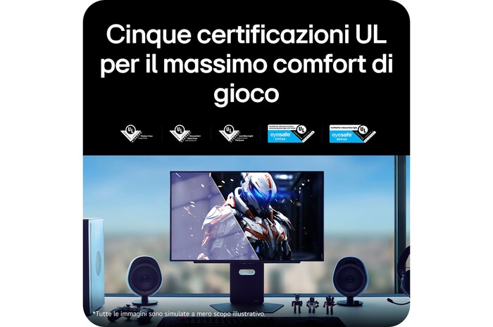 Monitor Gaming LG UltraGear™ 27GX700A mostra il comfort visivo, enfatizzando cinque certificazioni UL tra cui Flicker-Free e Eyesafe, per il massimo comfort di gioco.