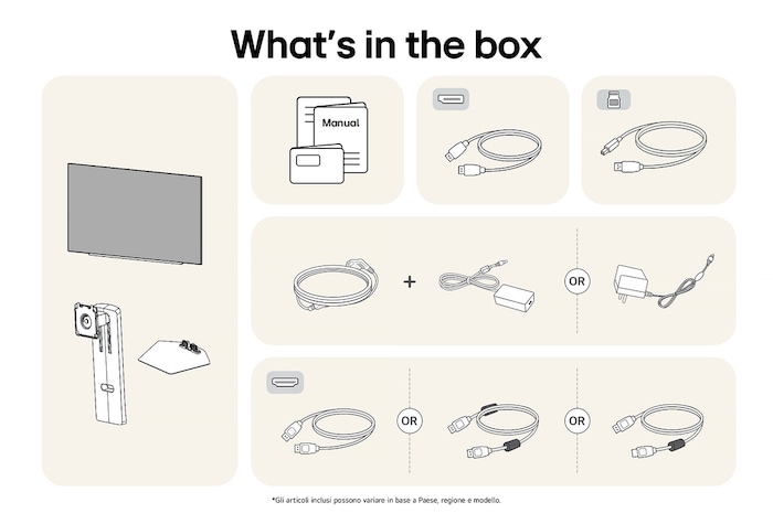 Contenuto della confezione del Monitor Gaming LG UltraGear™ 27GX700A: pannello, supporto e base, manuale, cavo USB upstream, cavi HDMI™/DisplayPort e adattatore di alimentazione.